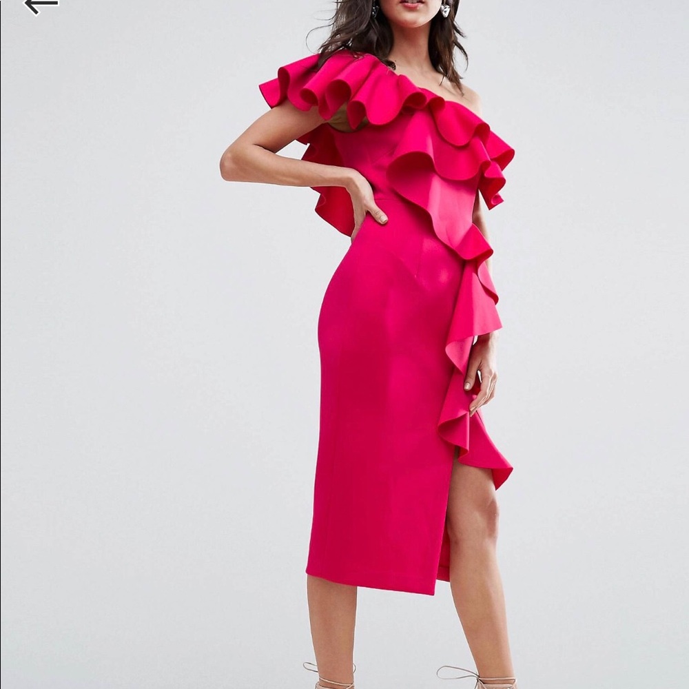 ASOS Premium Ruffle One Shoulder Midi Dress